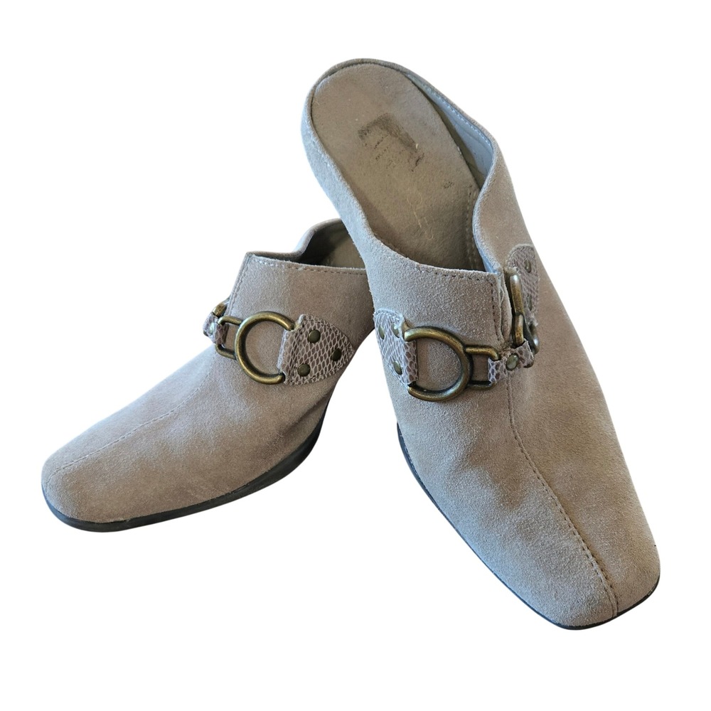 Aerosoles Chic Taupe Suede Horsebit Mules Square Toe Block Heel Shoes Women's 7
